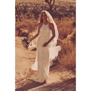 GALINA Illusion Lace Halter Sheath Wedding Boho Dress Altered Size 4 Ivory